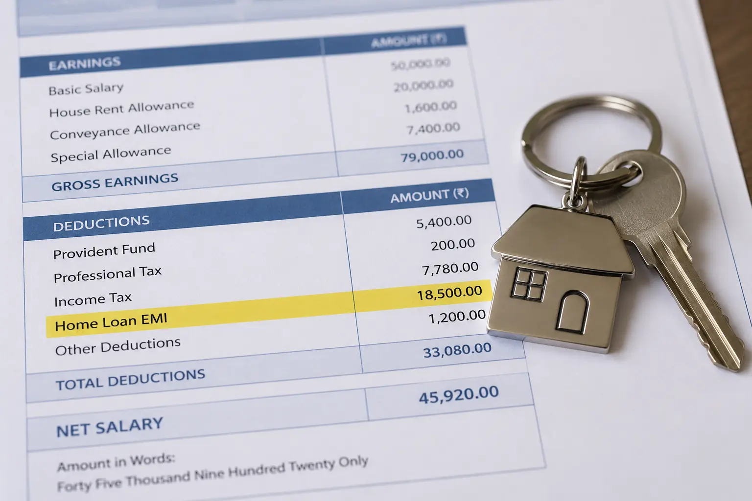PSU employee payslip showing HBA EMI deduction beside a house key
