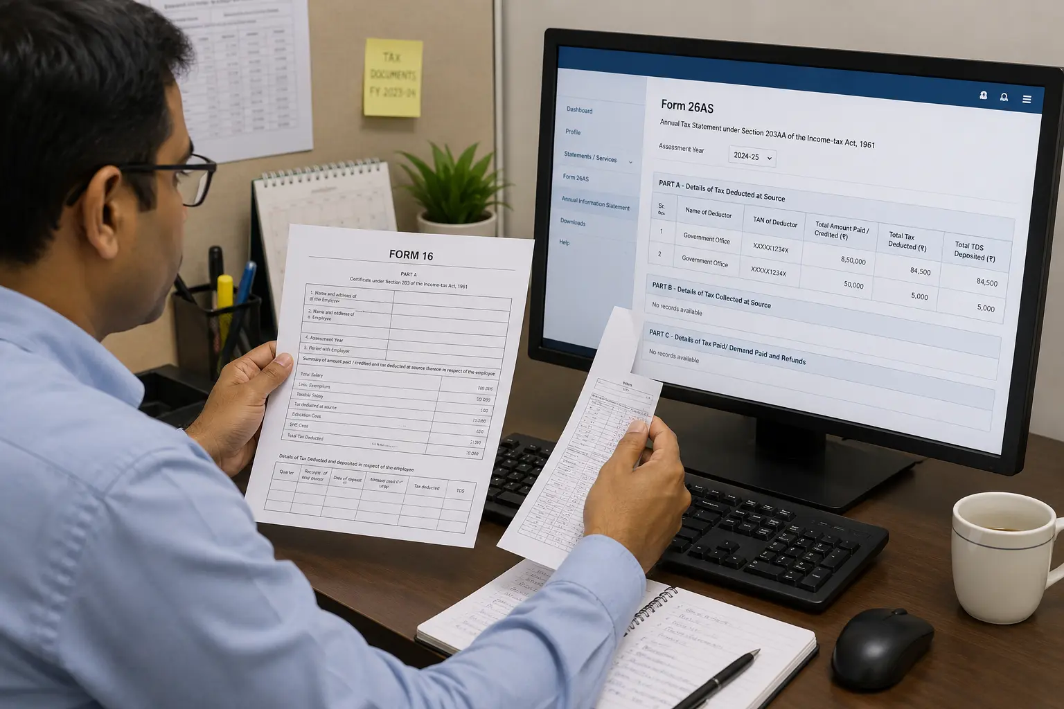 PSU employee verifying Form 16 against Form 26AS before ITR filing