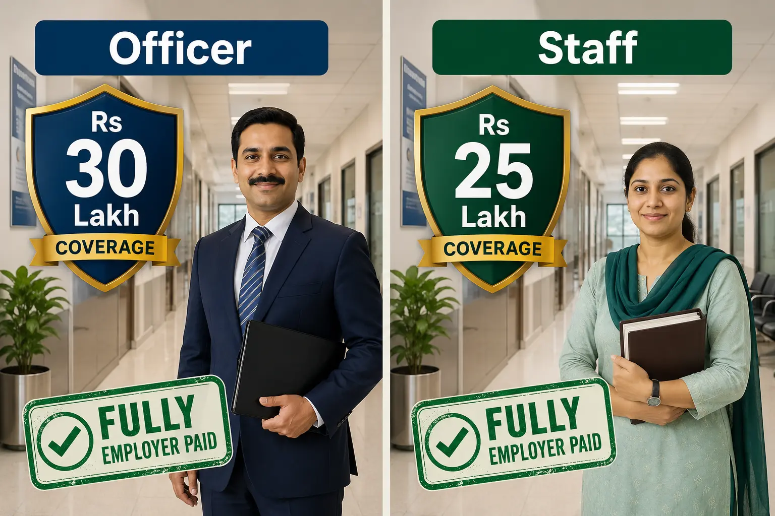 Employer funded group insurance coverage for PSU employees showing Rs 30 lakh for officers and Rs 25 lakh for staff, fully paid by the organisation