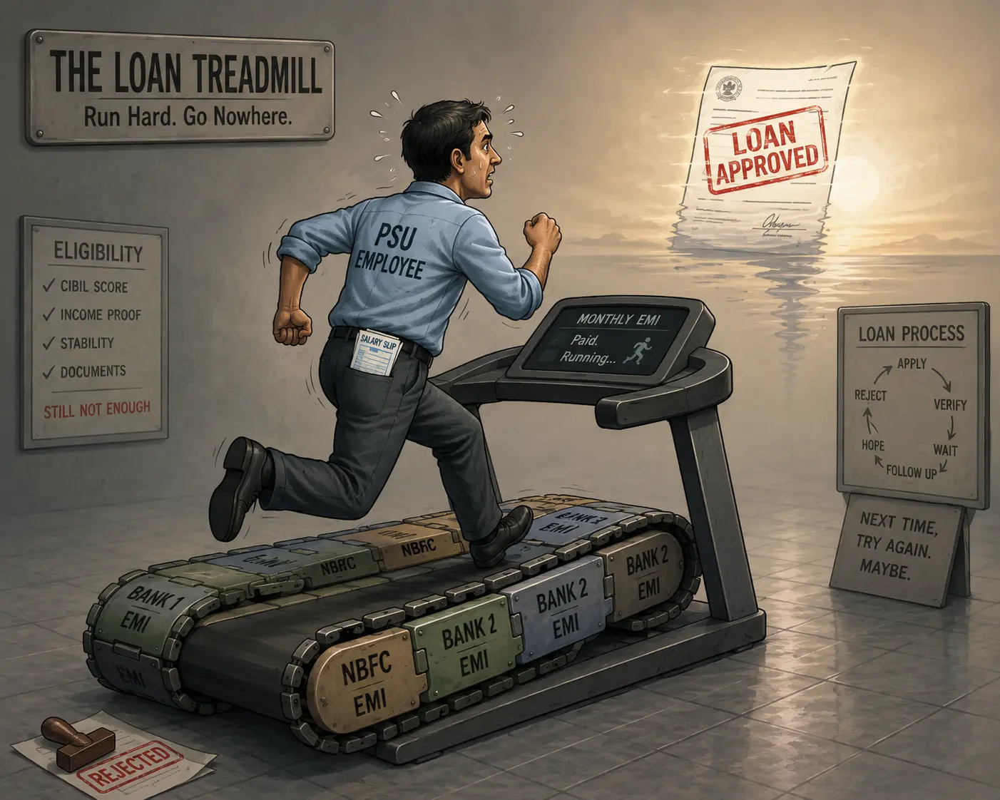 PSU employee running on an EMI loan treadmill, illustrating personal loan rejection for PSU employees